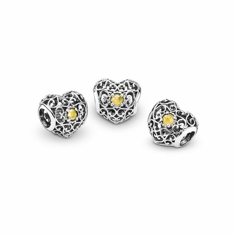 Pandora November Signature Heart Charm Ireland - Sterling Silver/Yellow/Citrine - 140829QGY